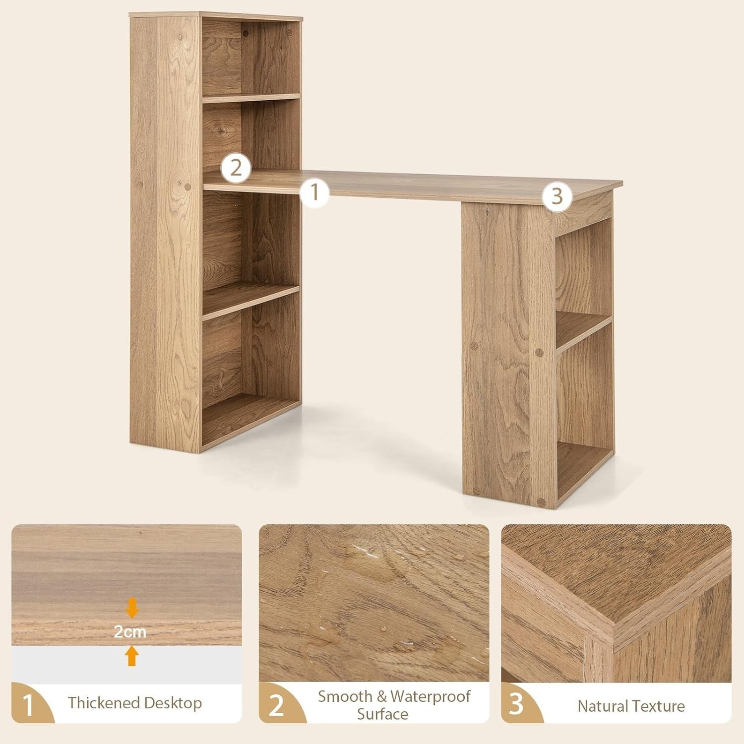 Modern Wooden Computer Desk with 6-Tier Shelves & Spacious Workstation