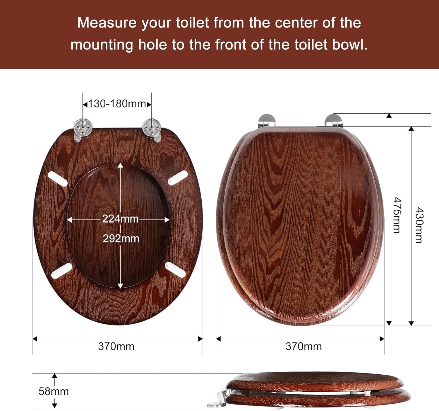 Angel Shield Wooden Toilet Seat Antibacterial Oval Dark Walnut Adjustable Zinc