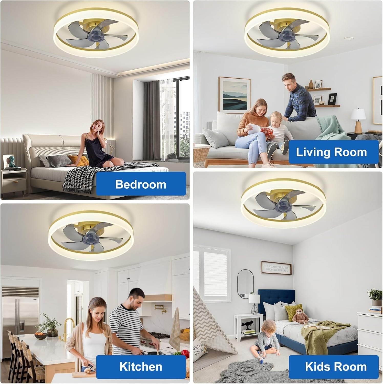20" LED Ceiling Fan with Light, Remote & App Control, Dimmable, Gold Bladeless