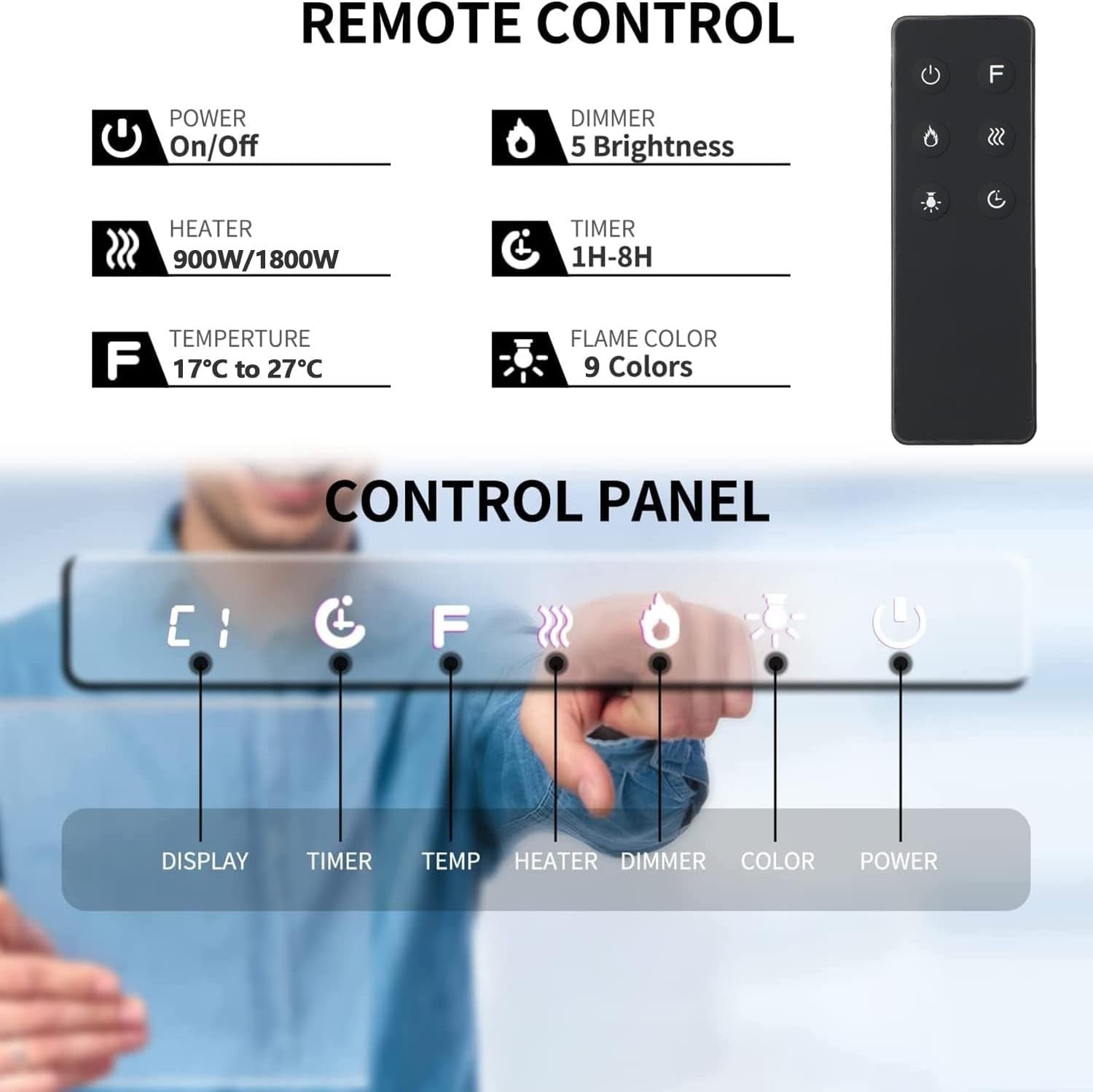 Wall Mounted Electric Fireplace 1800W Remote Control Color Flame LED
