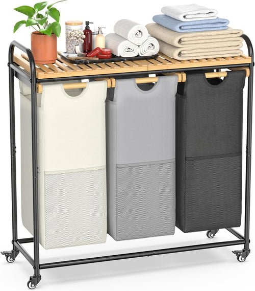 3-Section Laundry Sorter with Bamboo Shelf & Pull-Out Bags on Wheels – 3×40L