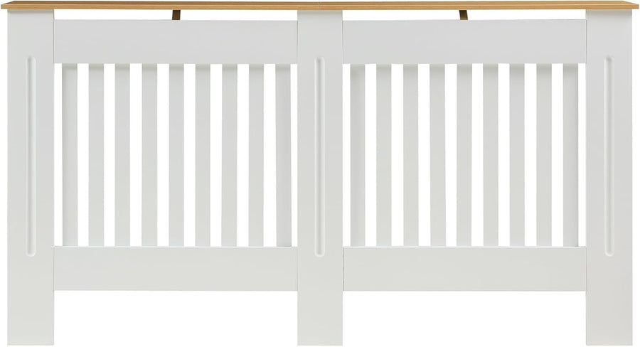Large White Radiator Cover 152cm Wood Top Modern Slatted Heating Cabinet