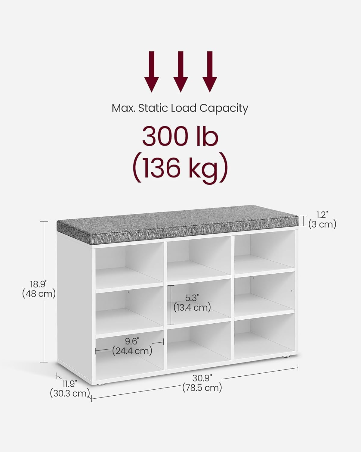 Shoe Bench with Cushion Storage Seat, 9 Compartment Hallway Unit, White