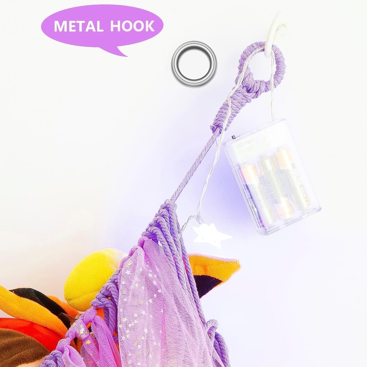 Purple Macrame Toy Hammock with LED Lights – Plush Animal Storage Net