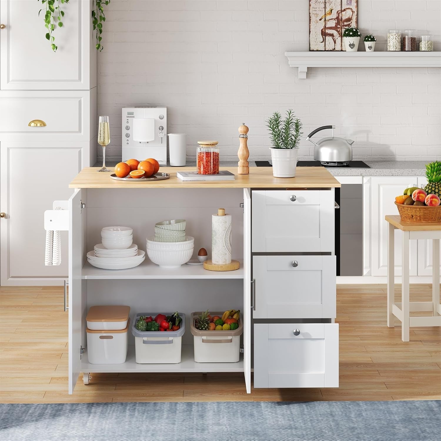 Kitchen Island Trolley on Wheels with Foldable Tabletop Storage Drawers