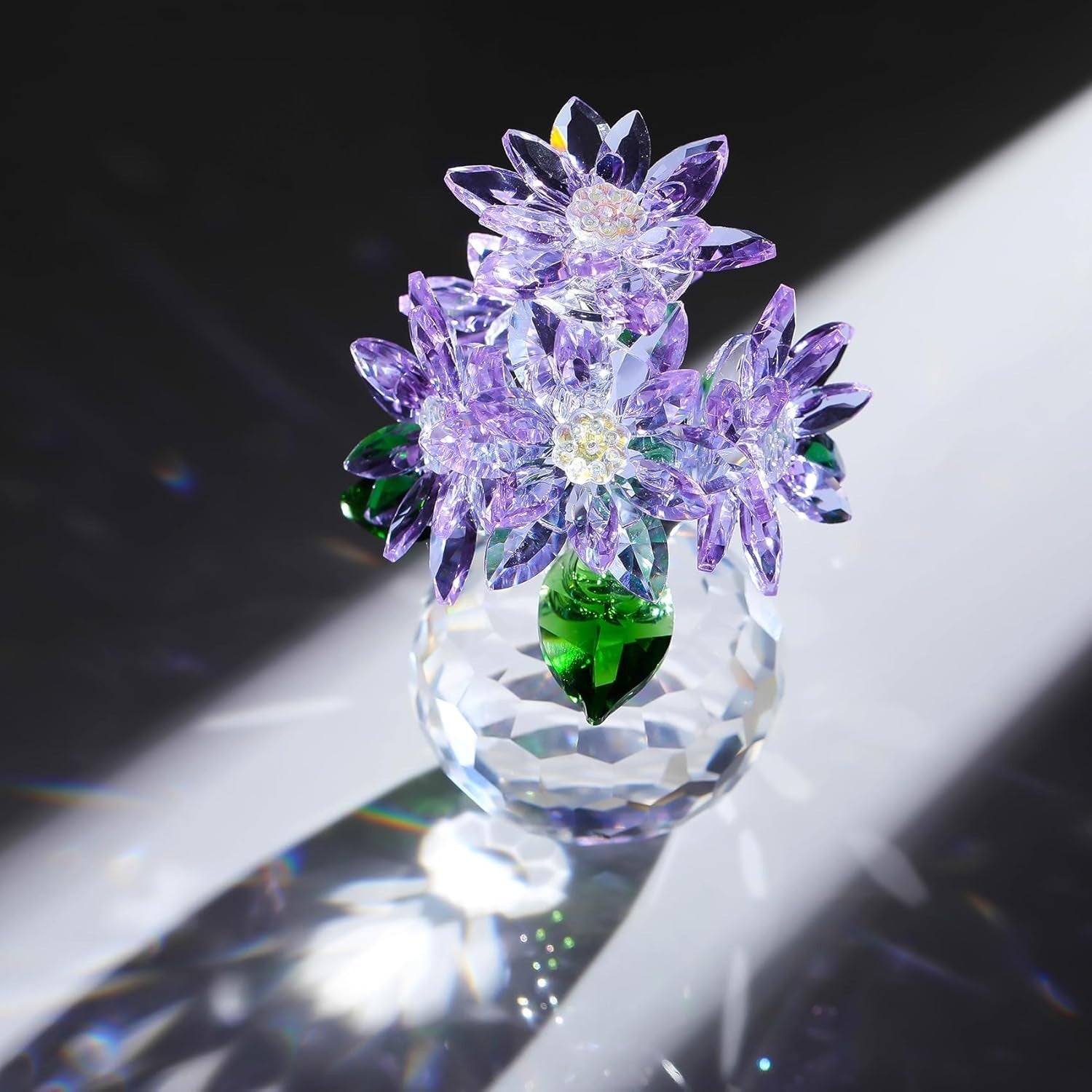 Purple Crystal Daisy Bouquet Ornament 10cm Collectible Glass Flowers Gift Decor