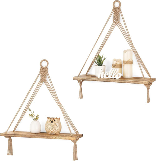 Boho Triangular Hanging Shelves Set of 2 Wood Floating Wall Decor