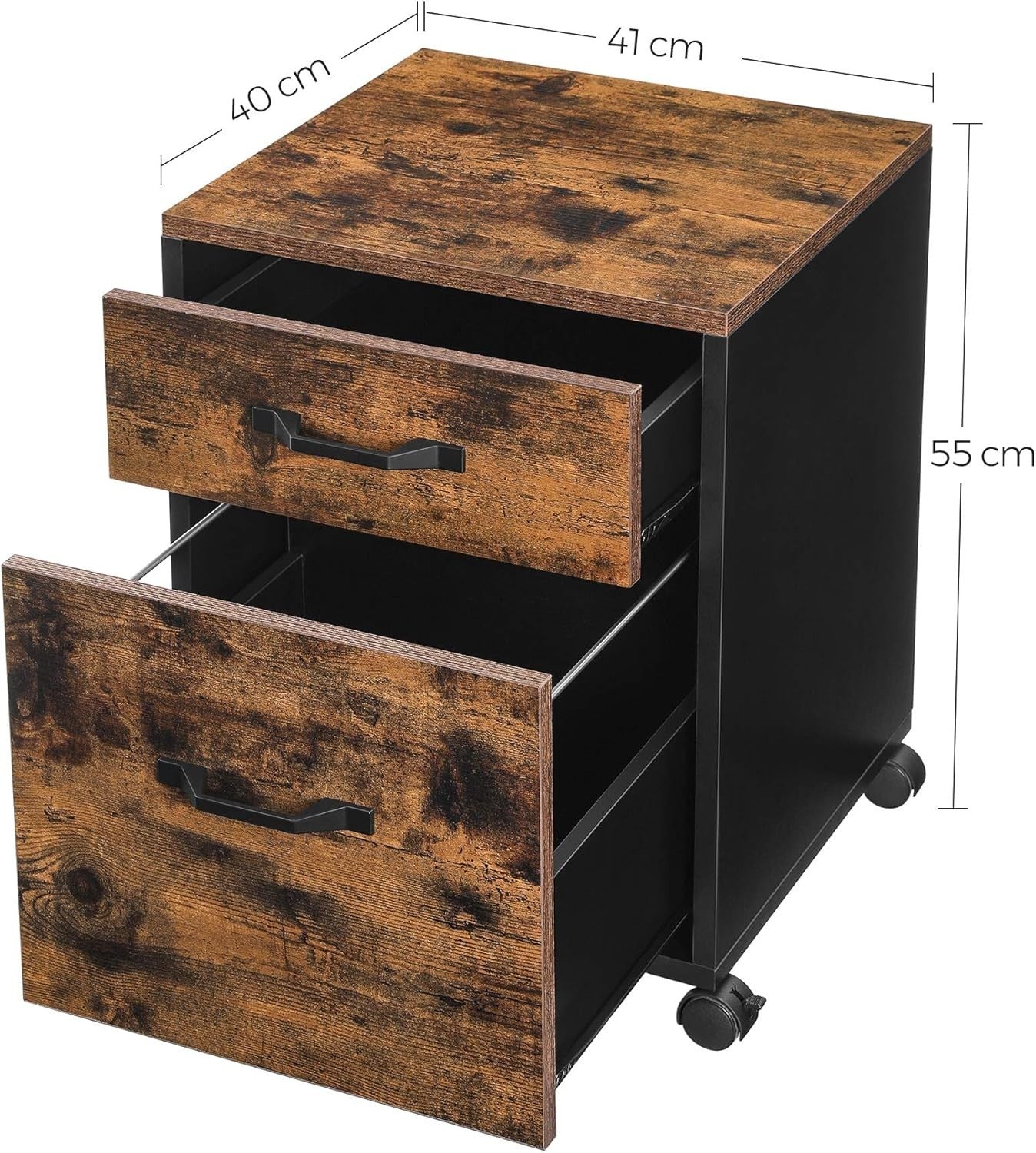 Rustic Brown & Black 2-Drawer Rolling Filing Cabinet – A4 Office Storage Unit