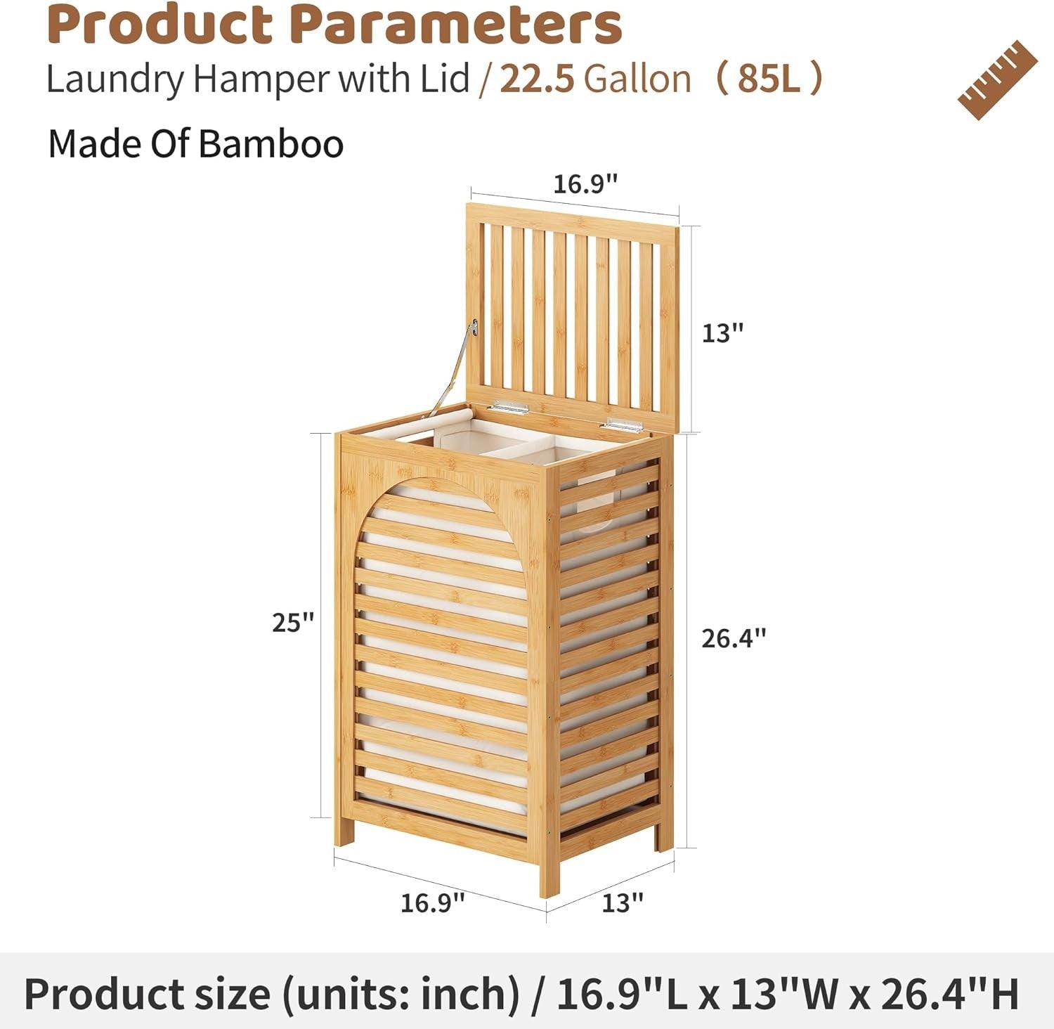 85L Bamboo Laundry Hamper with Lid Large Clothes Basket Removable Liner Natural