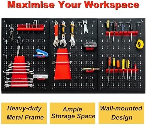 Black + Red Wall-Mount Pegboard Kit 3 Boards Heavy Duty 25 Hooks Accessories