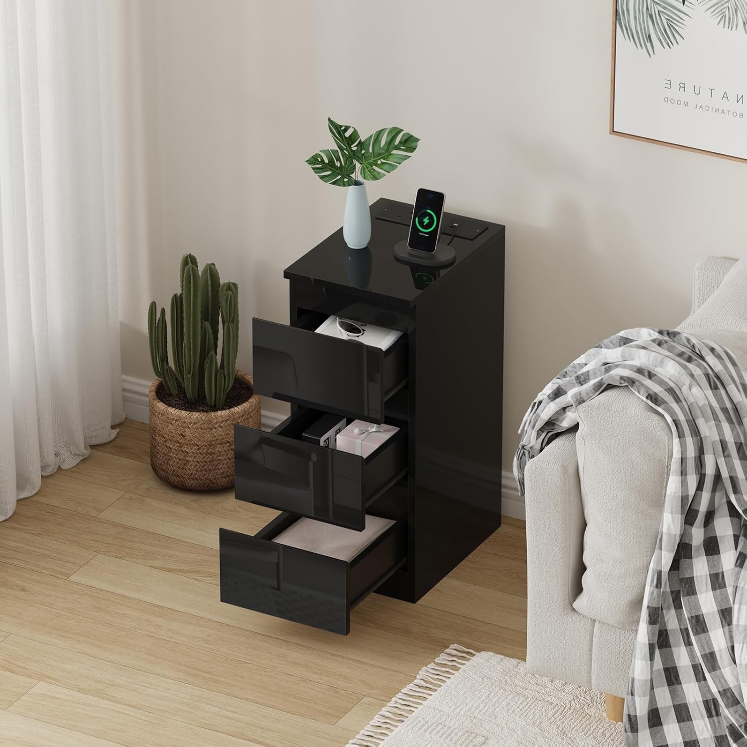 Slim Bedside Table with Charging Ports USB Power Sockets 3-Drawer Narrow Unit