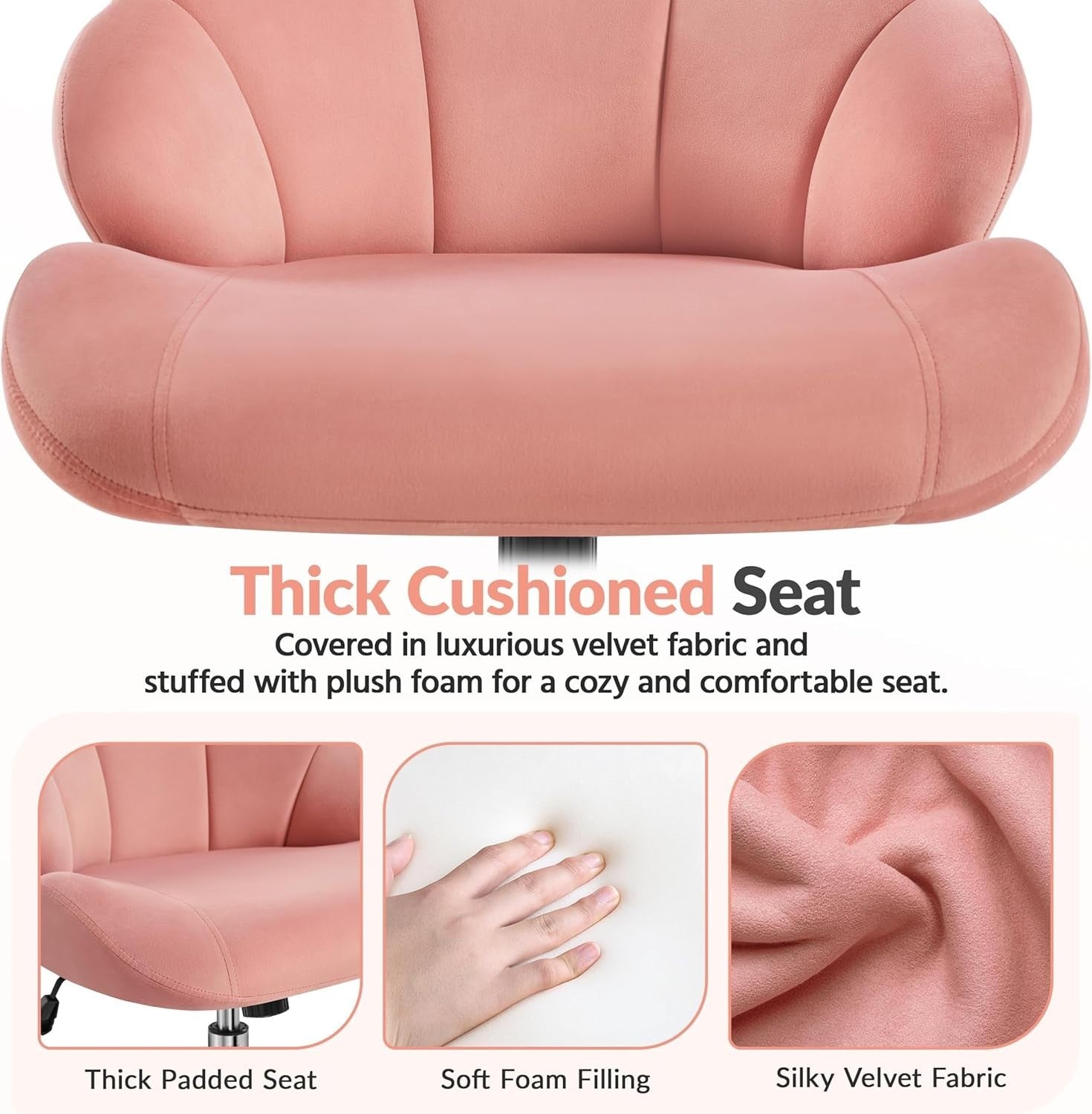 Pink Velvet Shell Back Swivel Vanity Chair w/ Wheels Adjustable Desk Seat