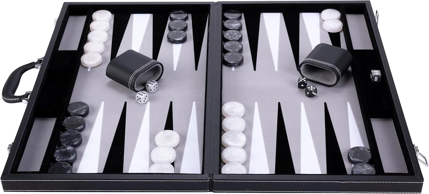 21 Inch Deluxe Backgammon Set Faux Leather Case Interior Dice Cups