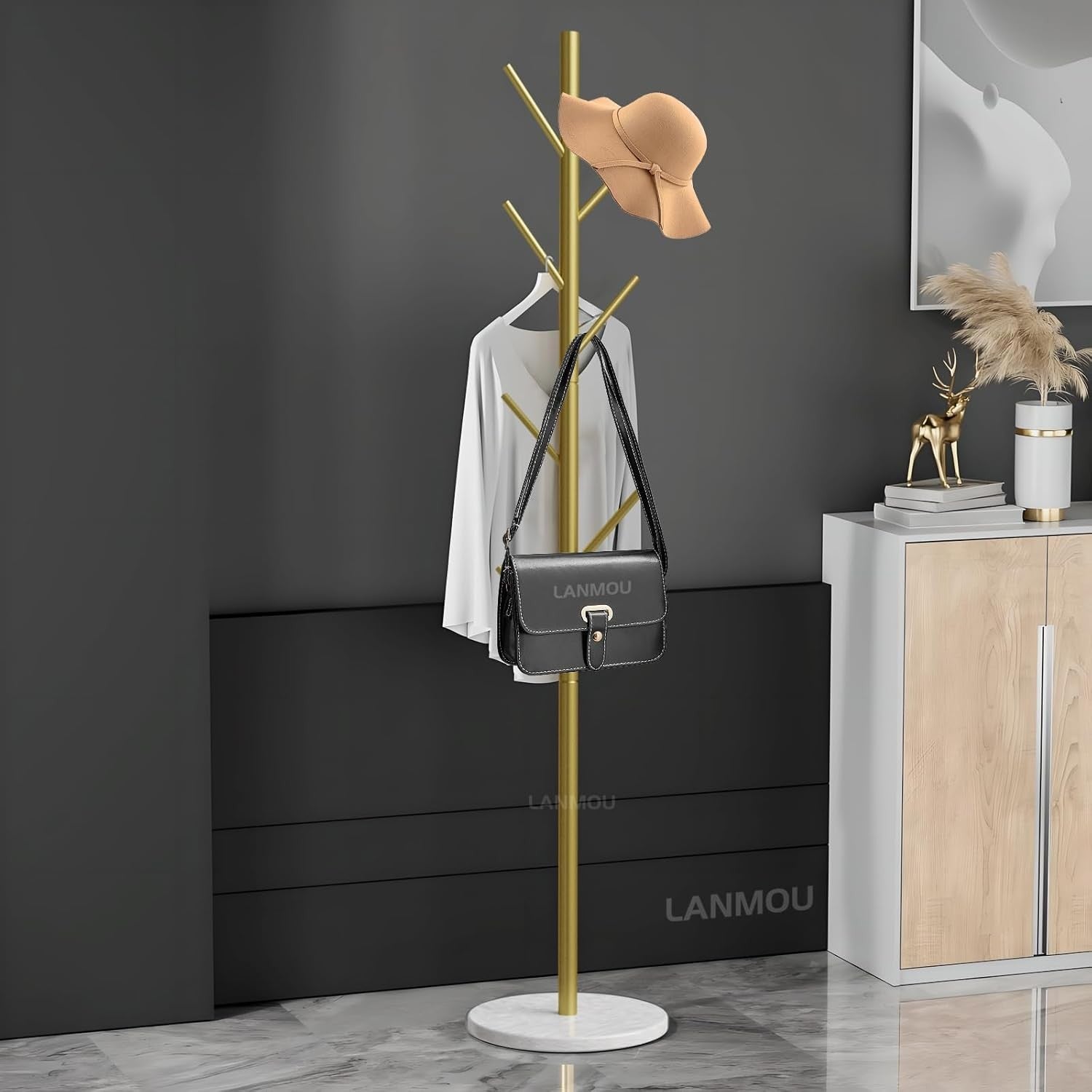 Gold Metal Coat Stand with Marble Base 7 Hooks Tree Rack for Bedroom Hallway