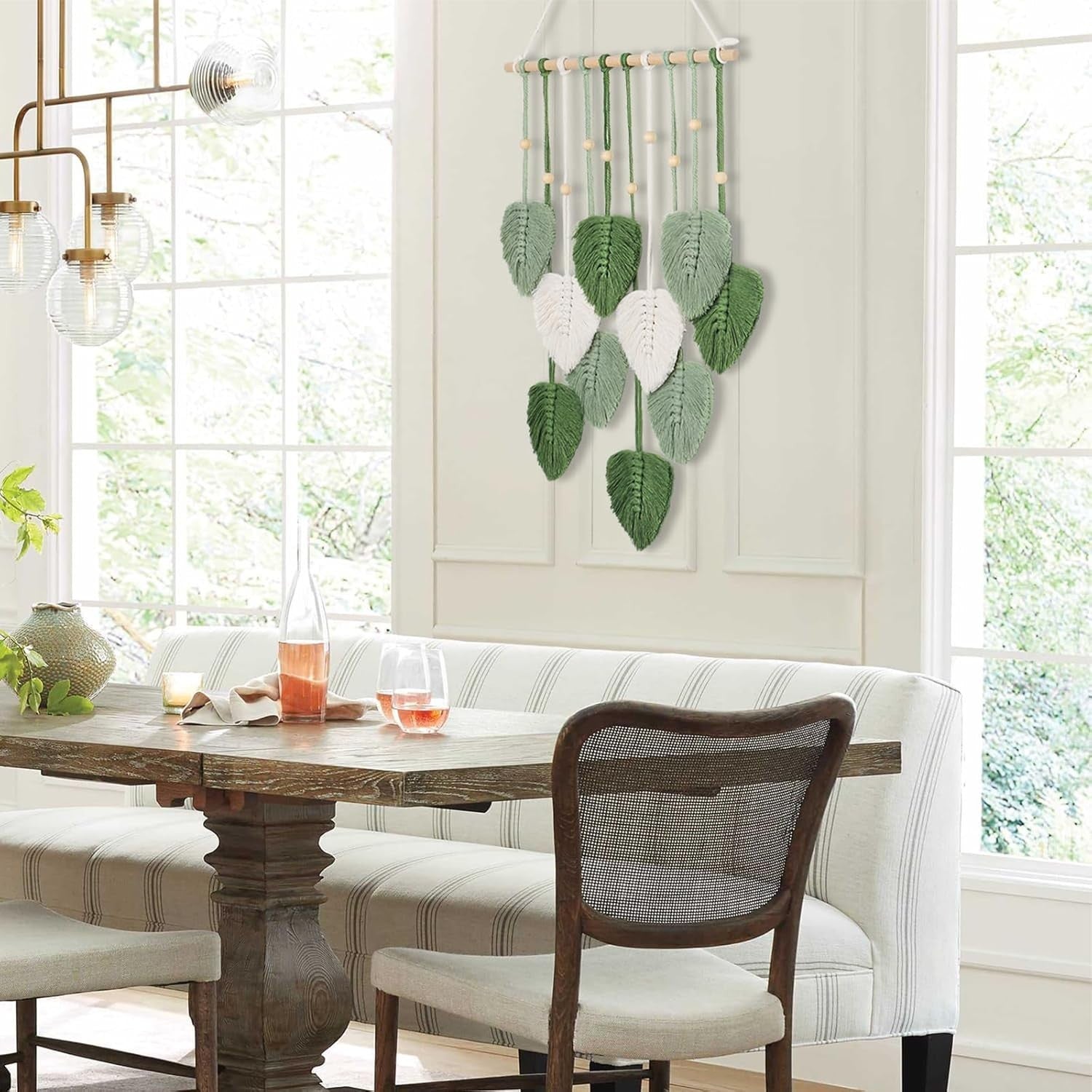Macrame Wall Hanging Green Leaf Boho Tassel Wall Decor Handmade