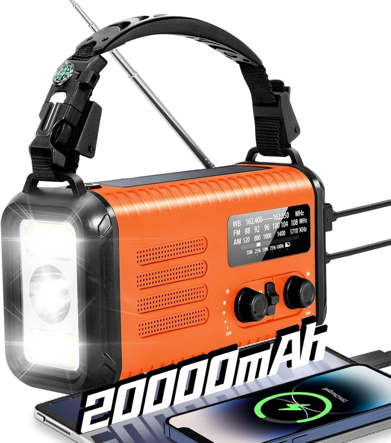 Wind Up Orange Solar Emergency Radio with 20000mAh Battery, AM/FM & Flashlight