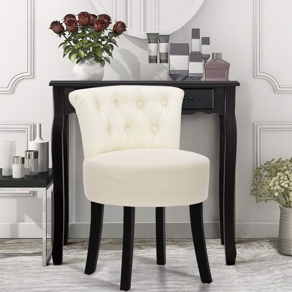 Beige High-Back Vanity Chair – Padded Dressing Table Stool with Wood Legs