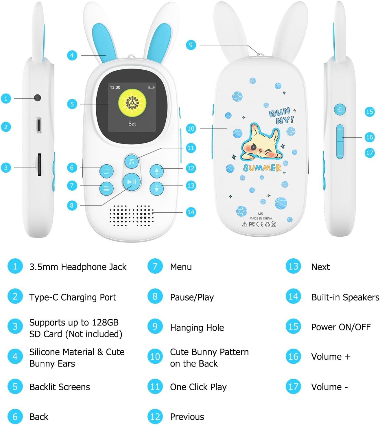 Kids MP3 Player 32GB Bluetooth FM Radio Alarm Pedometer Blue