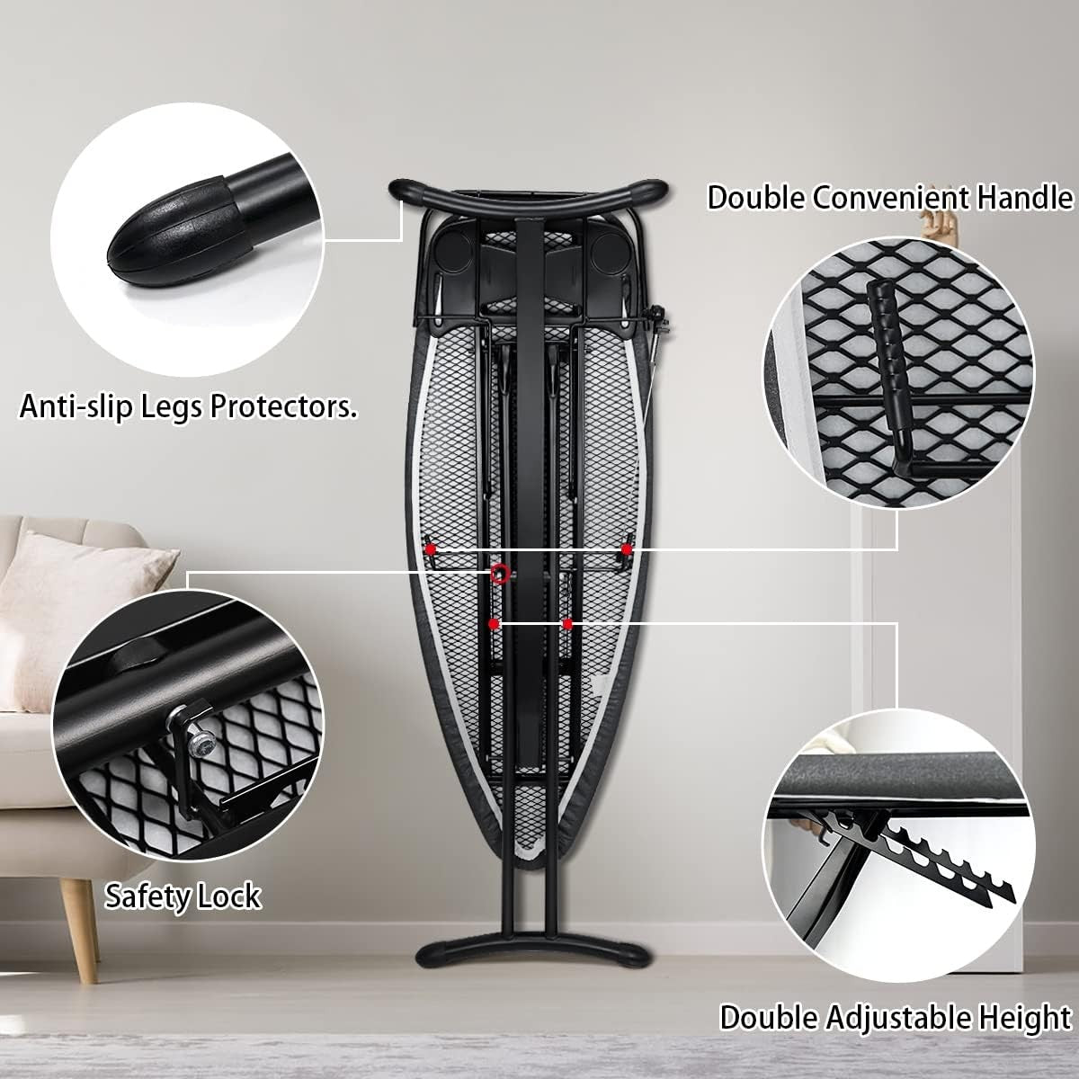 Extra Wide Ironing Board with Sleeve Board Adjustable Height Foldable Black