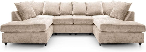 U-Shaped Sofa Cream Chenille w/ Cushions + Footstool | 280x164x90cm Modern