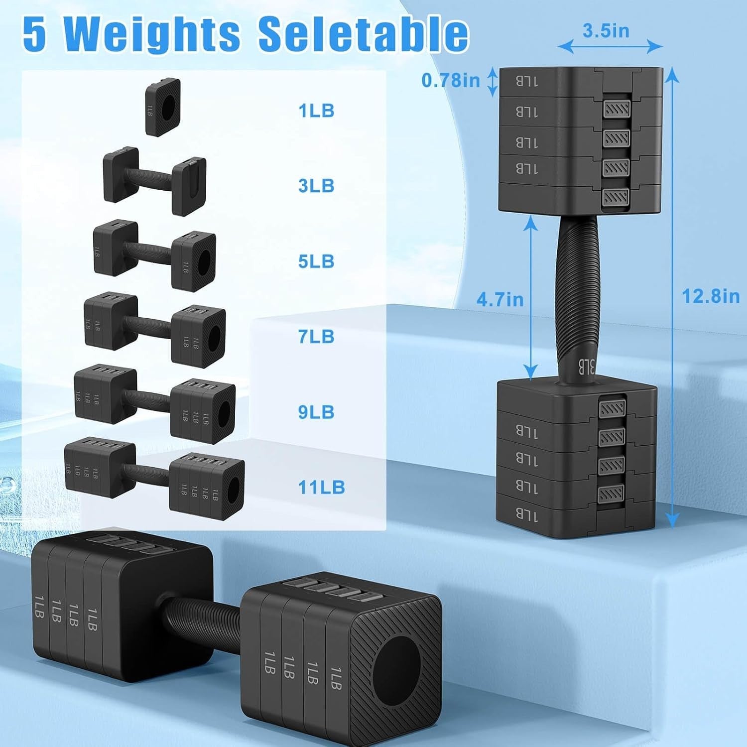 Quick-Adjust Dumbbell Set 5-in-1 3–11LB Pair Anti-Roll Home Gym