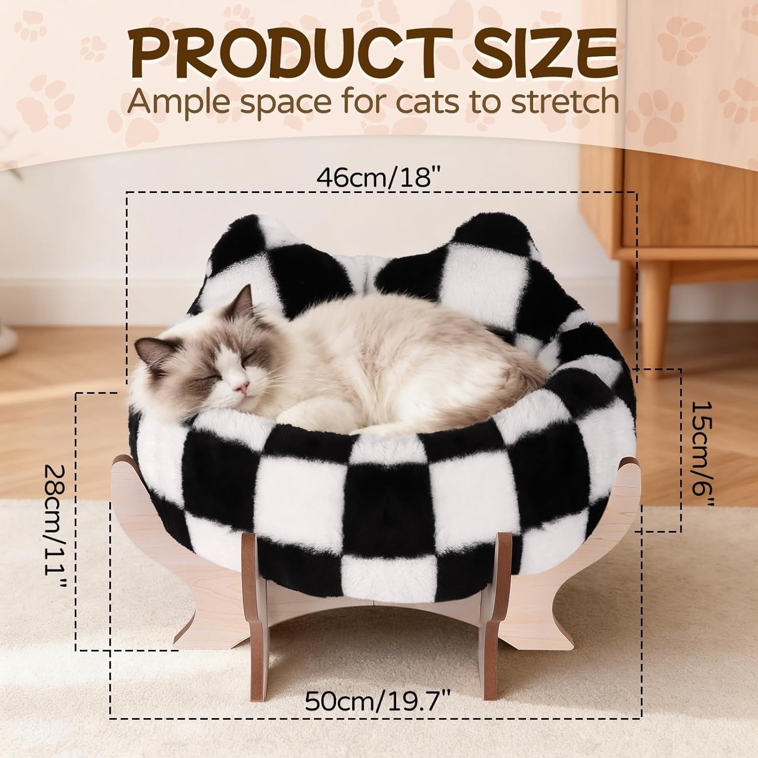 Elevated Cat Bed Plush Faux Fur Pet Sofa w Wooden Stand Anti Slip