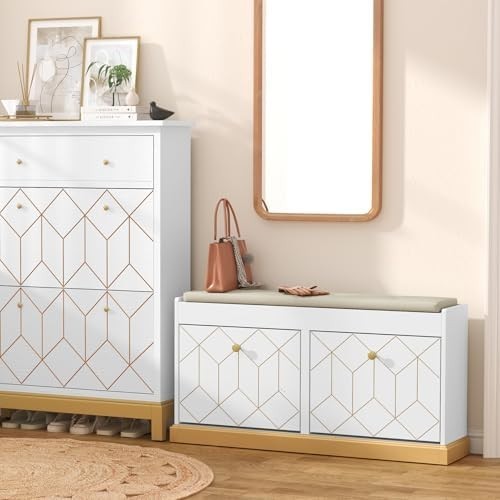 White Shoe Storage Bench with Cushion & Flip-Drawer for Hallway Entryway