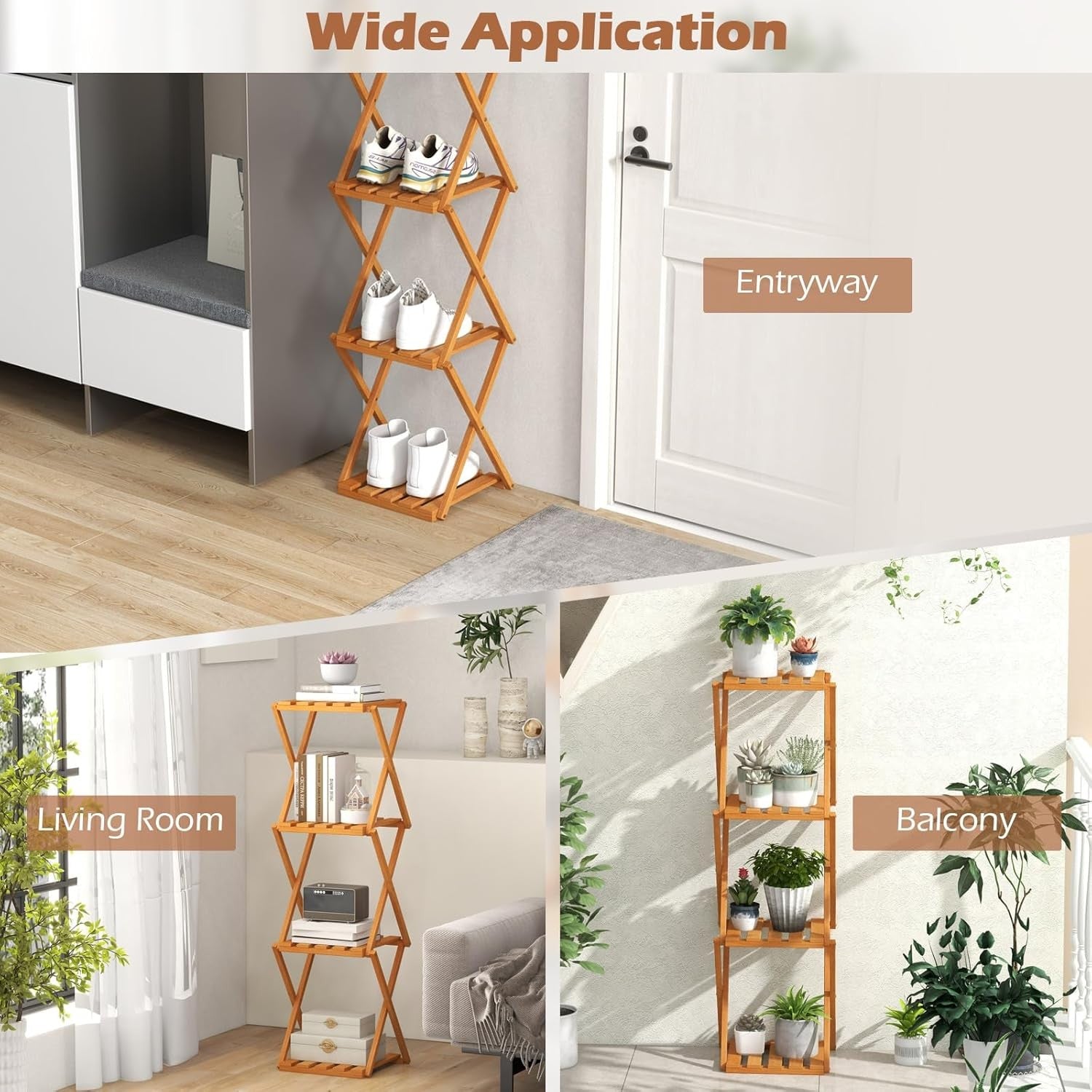4-Tier Folding Plant Stand Tall Wooden Indoor Outdoor Corner Shelf Rack