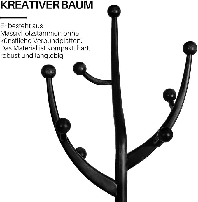 Solid Wood Coat Rack 180cm Tree Design Stand with Stable Base Black
