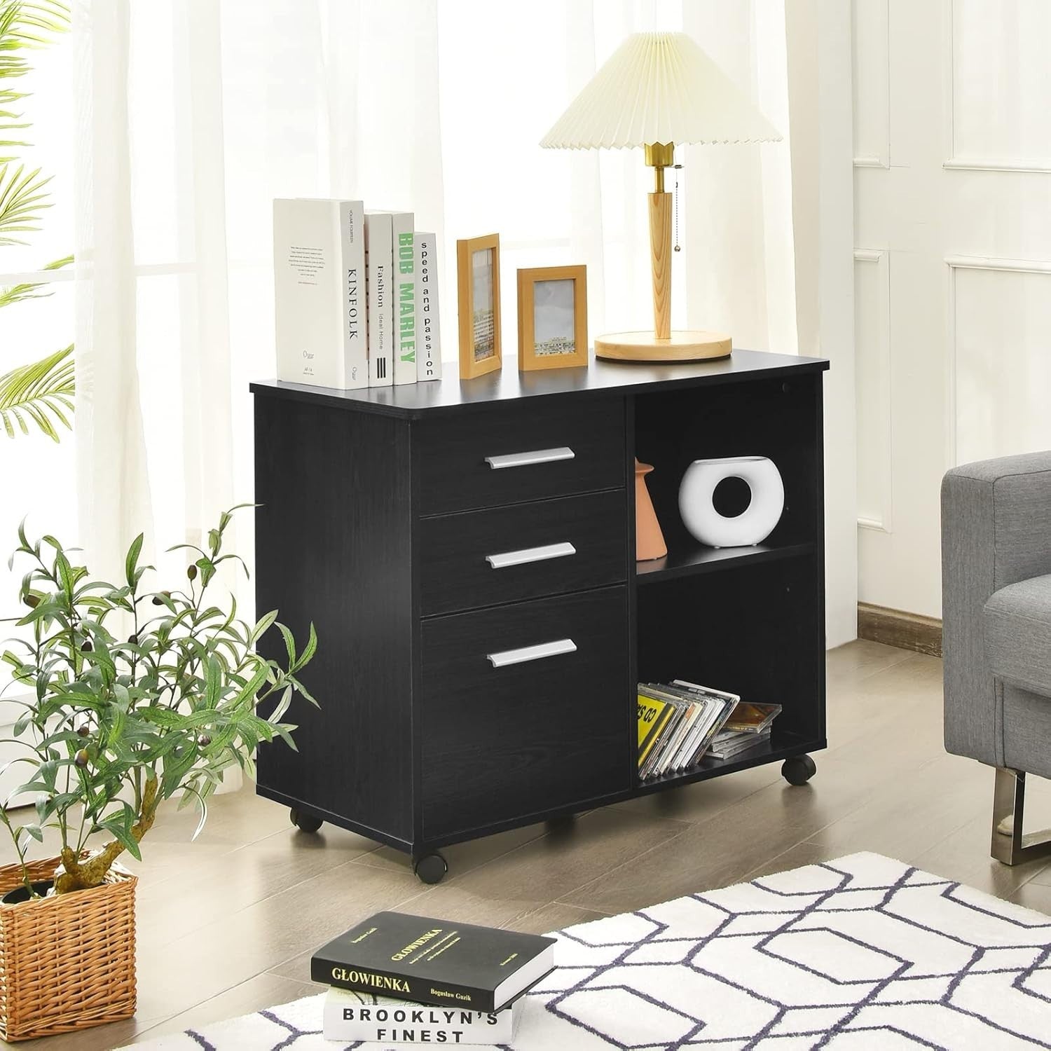 3 Drawer Mobile Filing Cabinet with Shelves Under Desk Office Storage Black