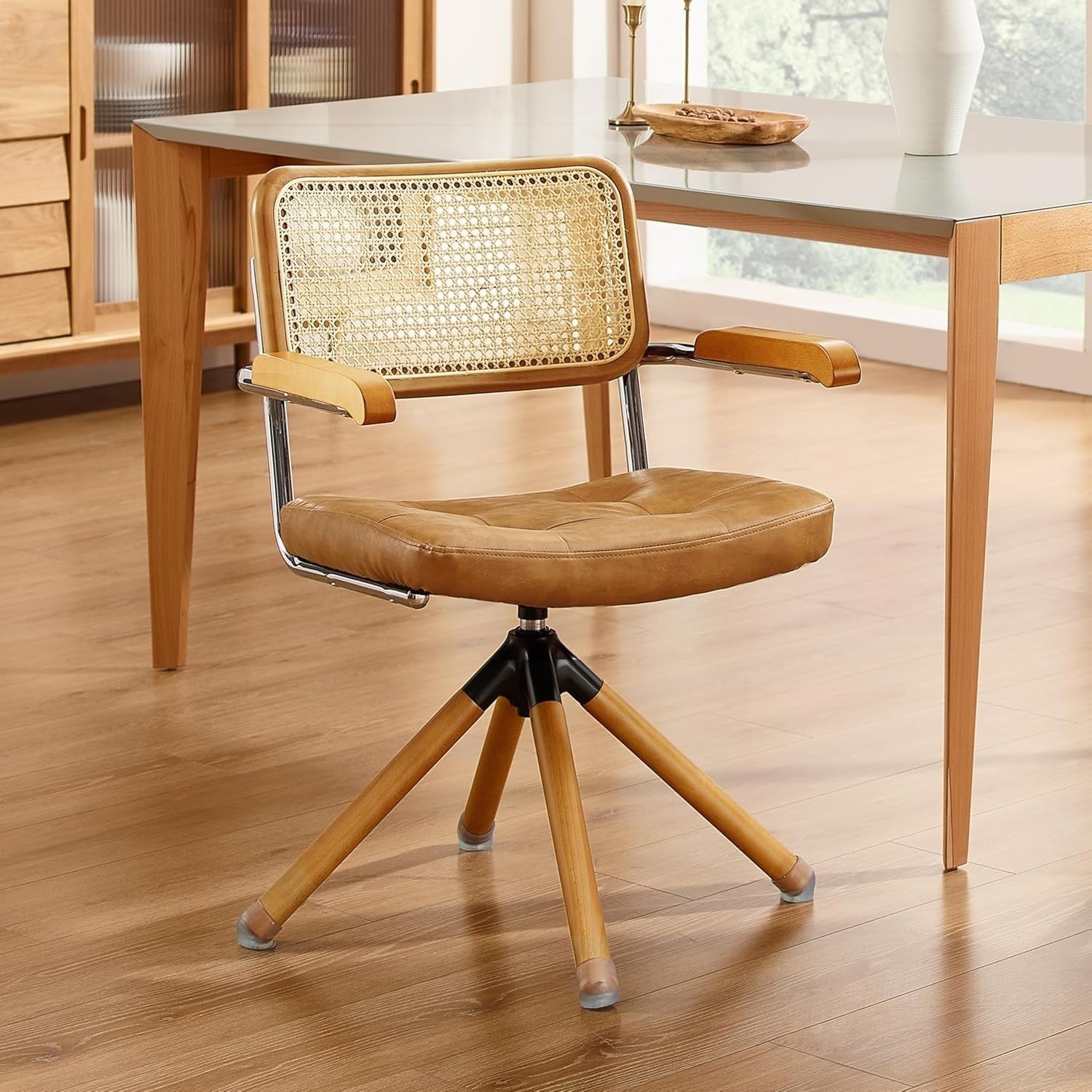 Mid Century Rattan Desk Chair Swivel Office Armchair Faux Leather Seat