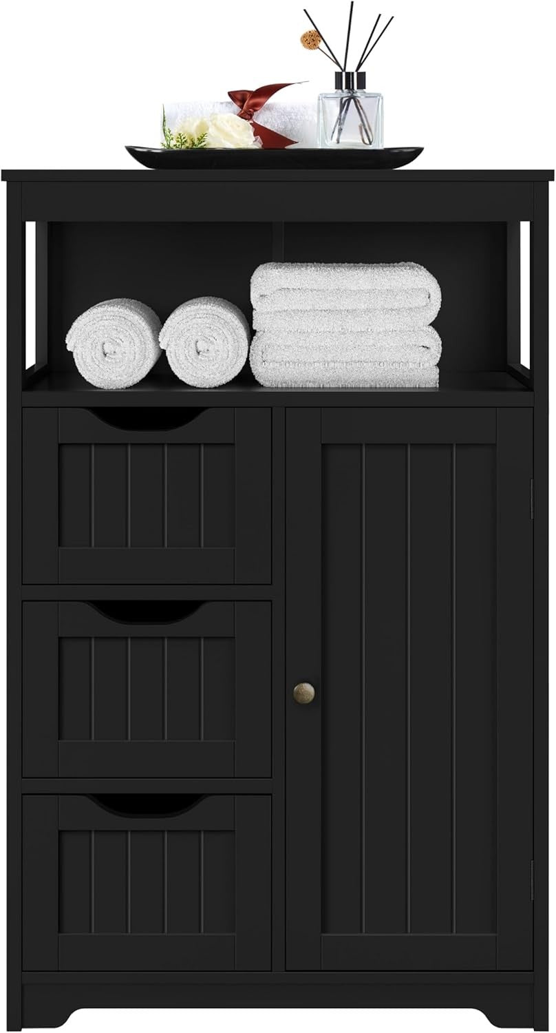 Black Bathroom Storage Cabinet with 3 Drawers & Door Freestanding Unit