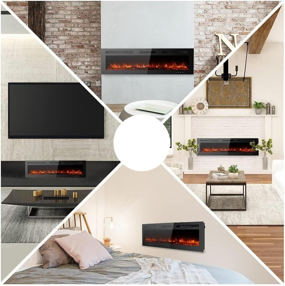60in Electric Wall Fireplace 12 LED Flame Colours Remote Heater Recessed