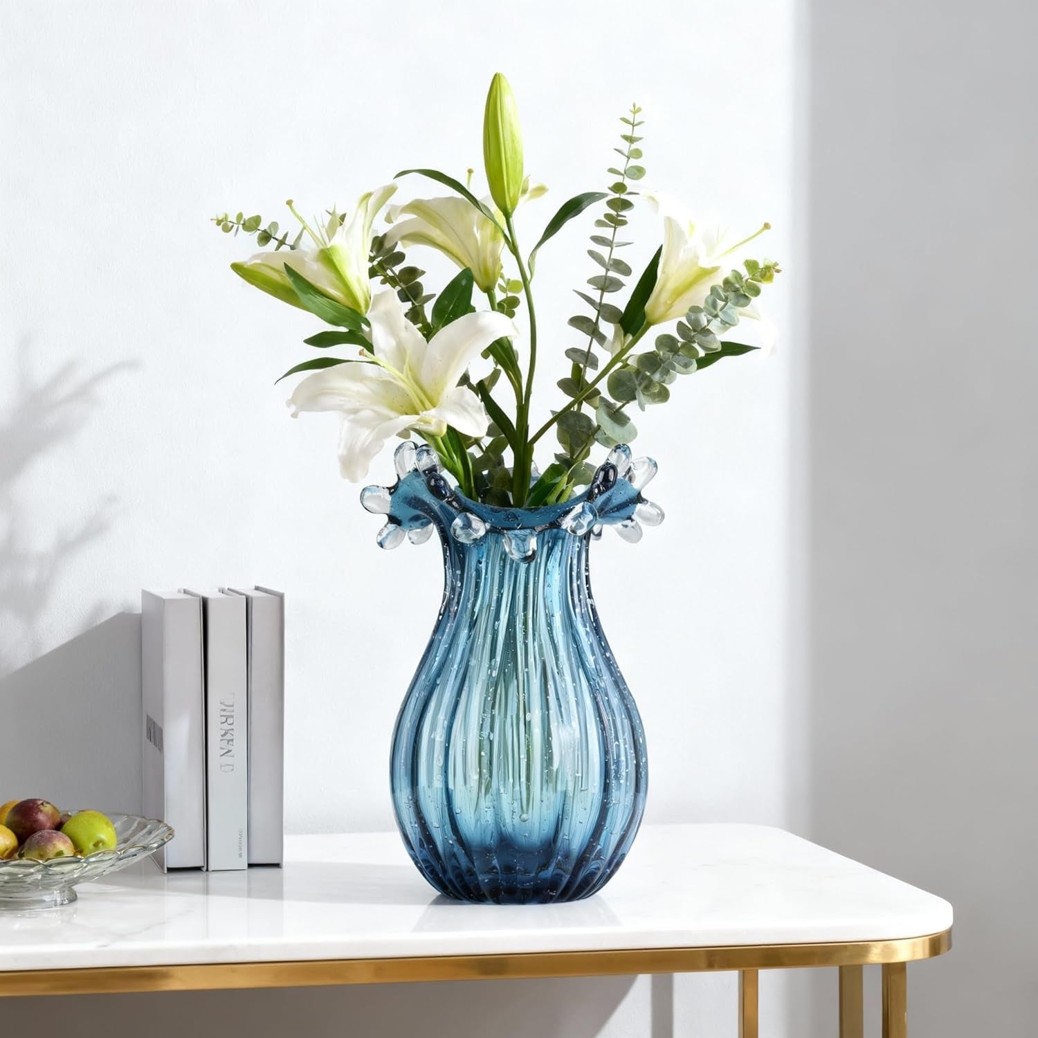 Blue Blown Glass Vase Modern Table Centerpiece Art Flower Display