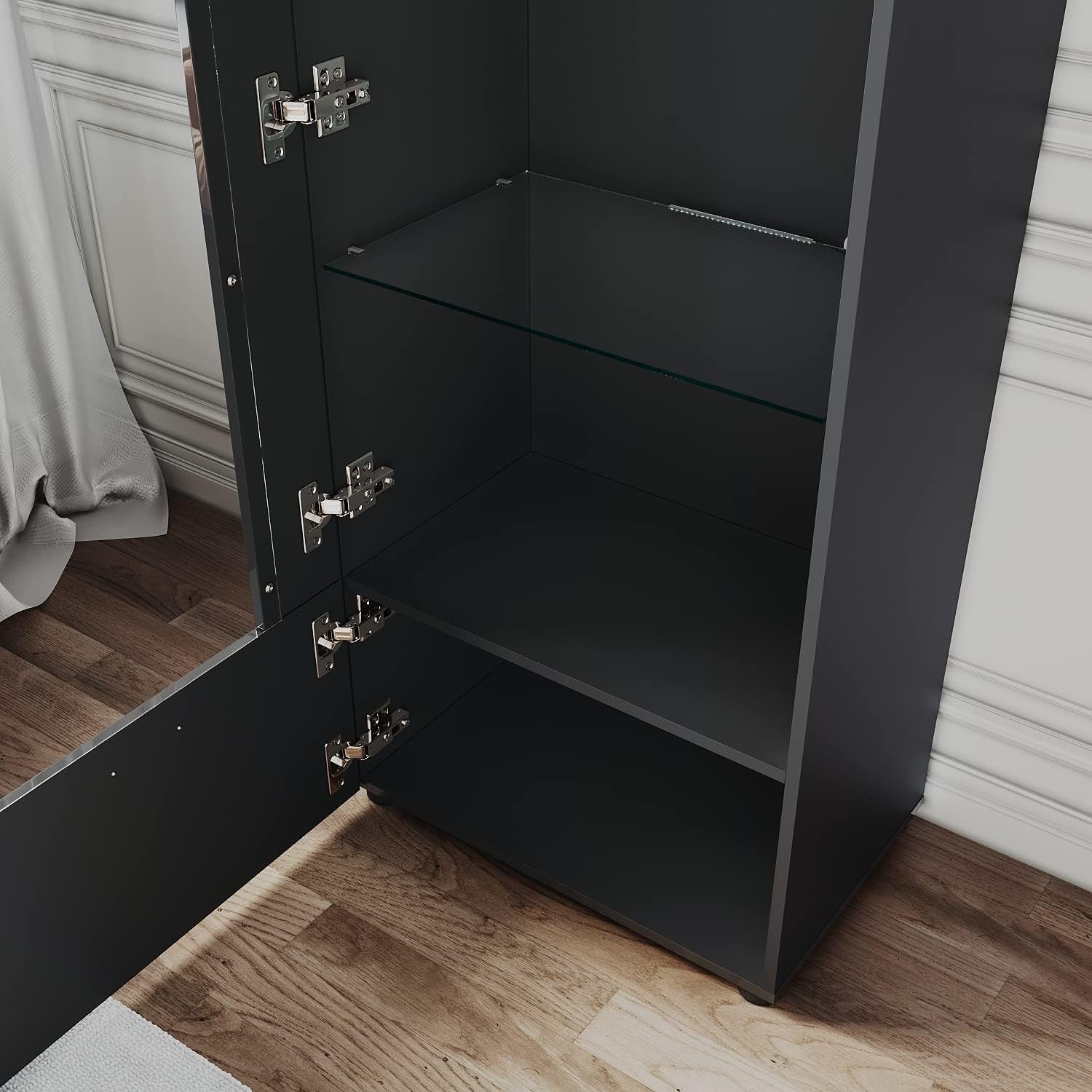 Tall Black Gloss LED Display Cabinet 187cm Modern Showcase Unit with Glass Shelv