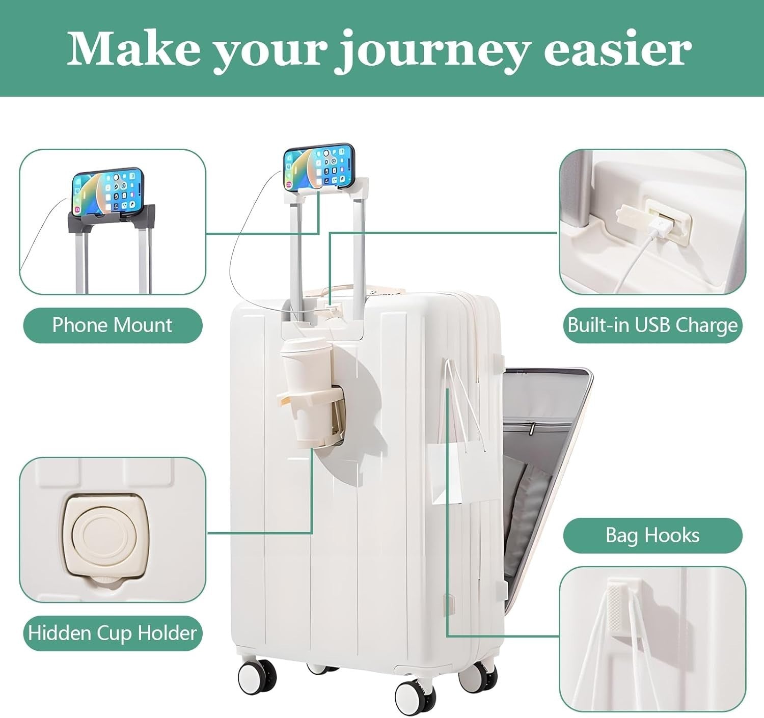 20” Carry On Cabin Suitcase USB Port Cup Holder Hard Shell Spinner