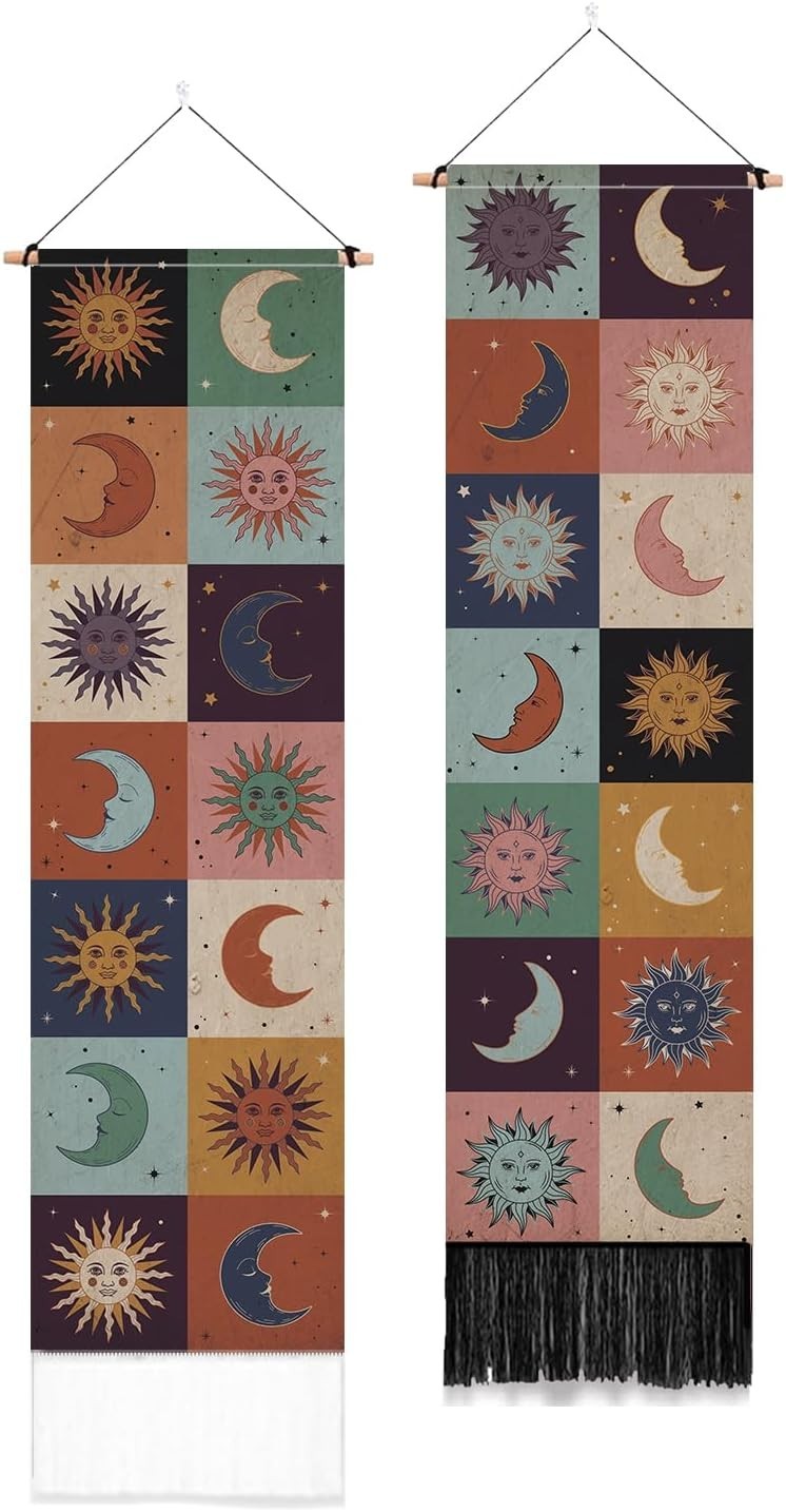 2-Pack Boho Sun & Moon Tapestry 52"x13" Vertical Wall Decor
