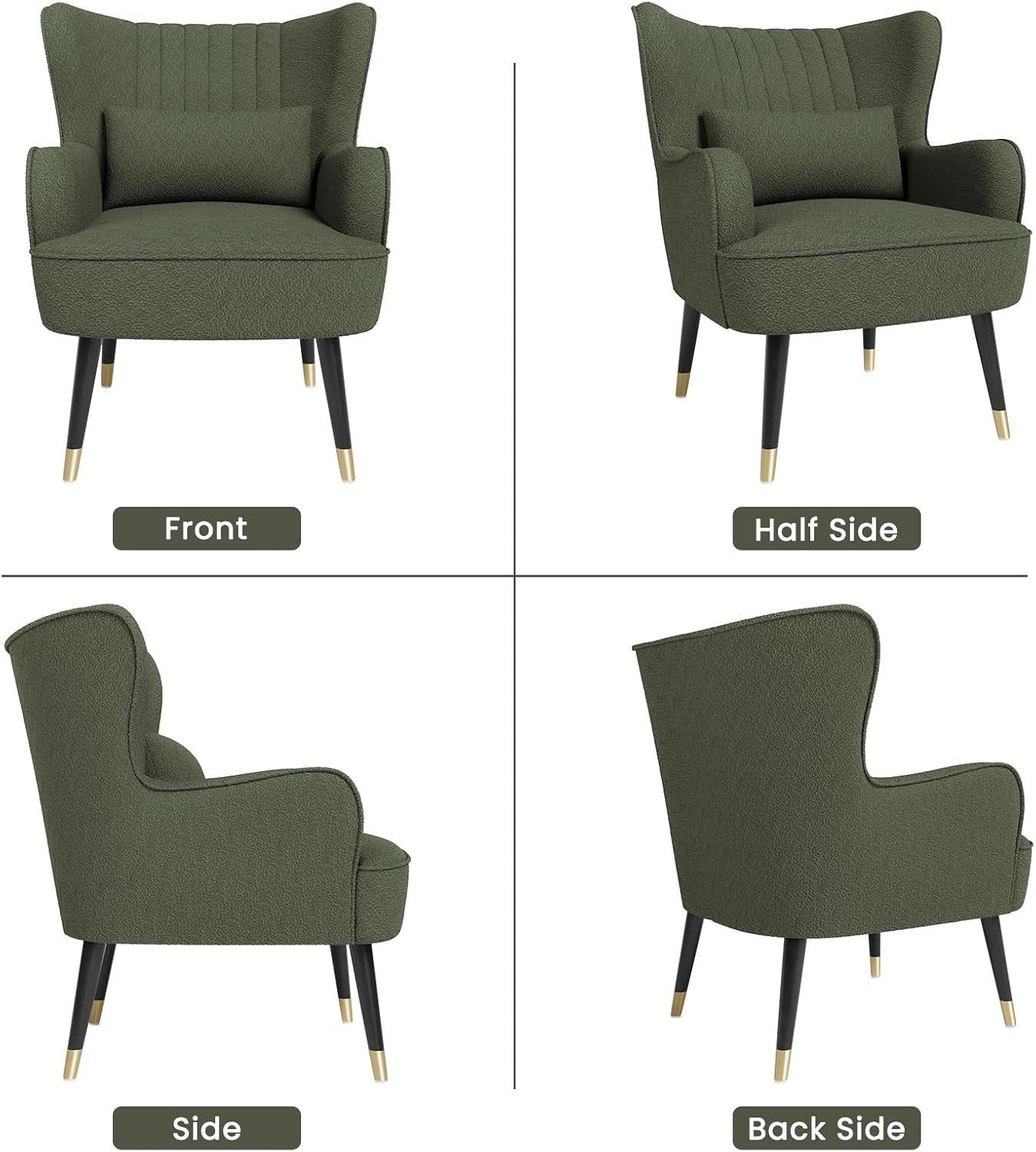 Modern Wingback Armchair Lounge Chair Teddy Fleece Accent Seat Green