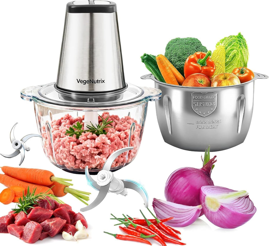 500W Food Processor Chopper Dual 2L Bowls Meat Grinder Blender
