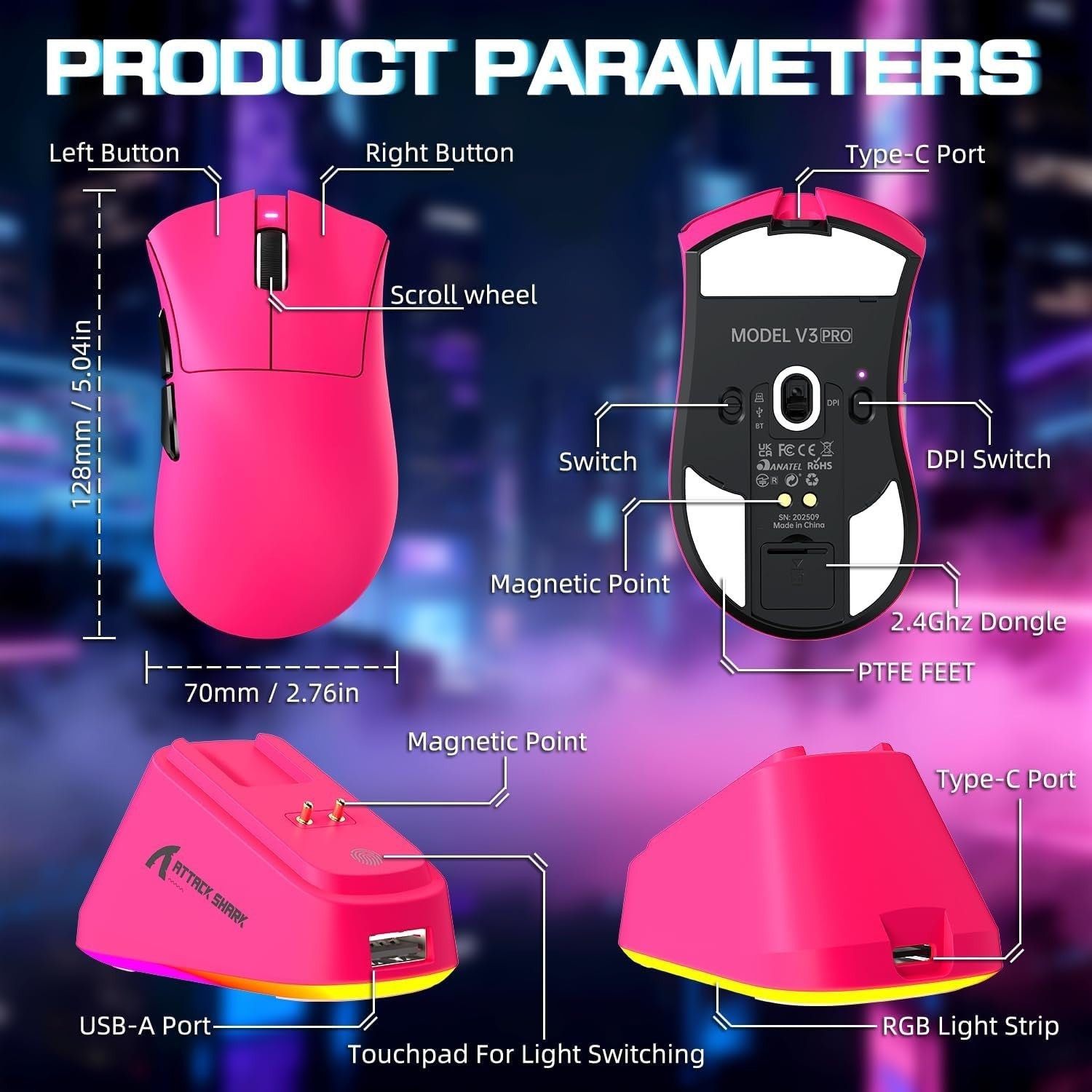 Wireless Gaming Mouse 25000 DPI 65g Superlight RGB Dock Pink