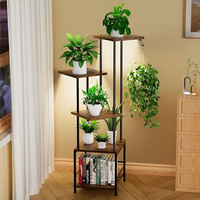 5 Tier Metal Plant Stand with Grow Lights, Tall Corner Flower Shelf for Home