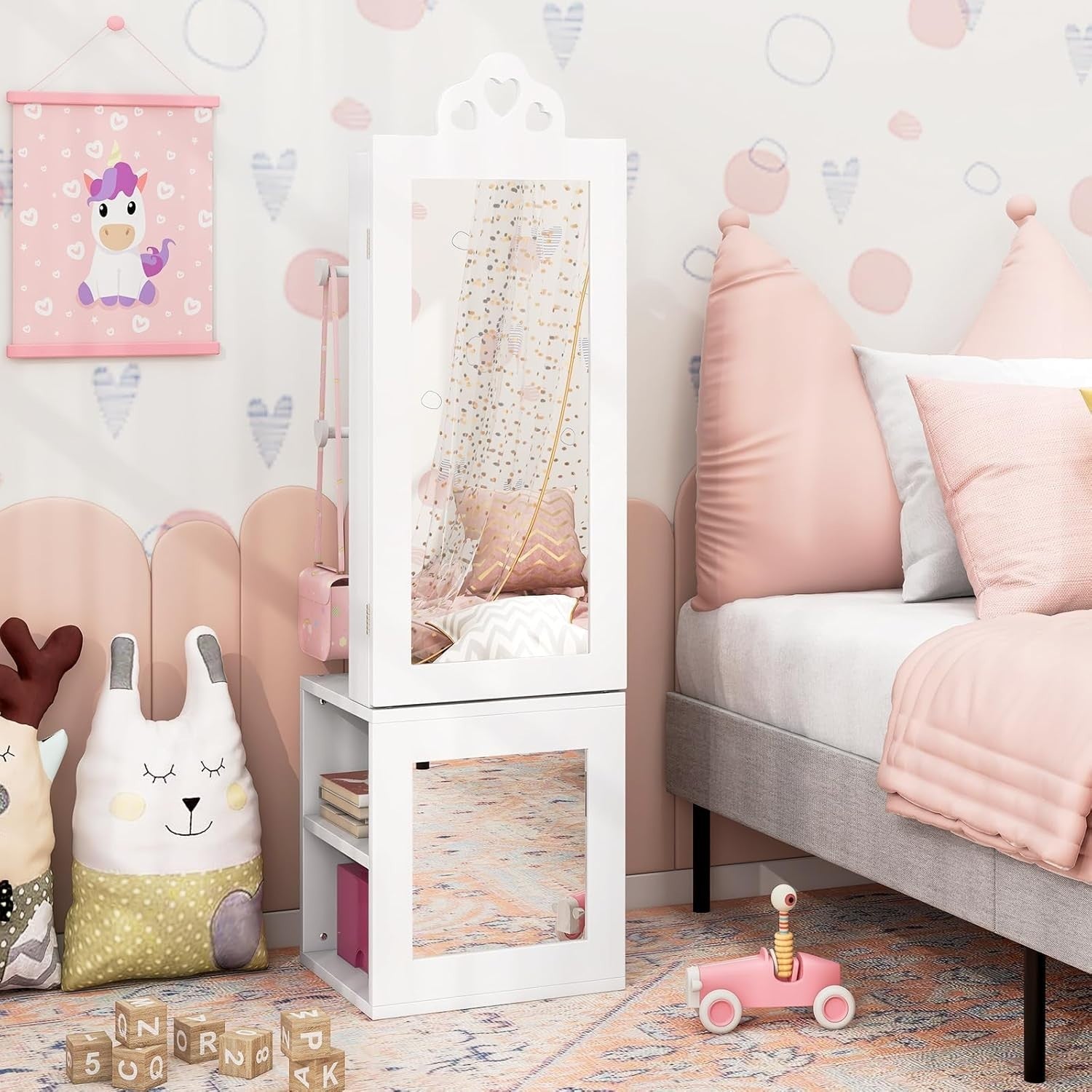 Kids Jewelry Cabinet Mirror Organizer with Clothes Rack Storage Shelves