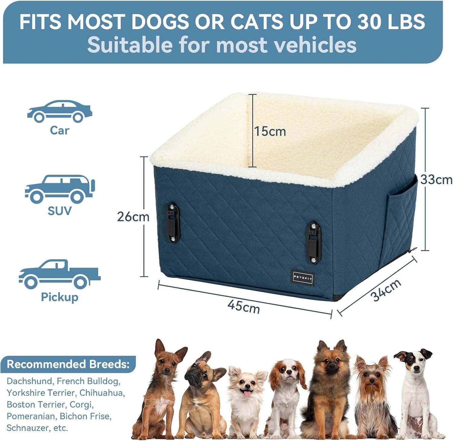 Elevated Dog Booster Car Seat Pet Travel Bed Safety Leash 30lbs Blue