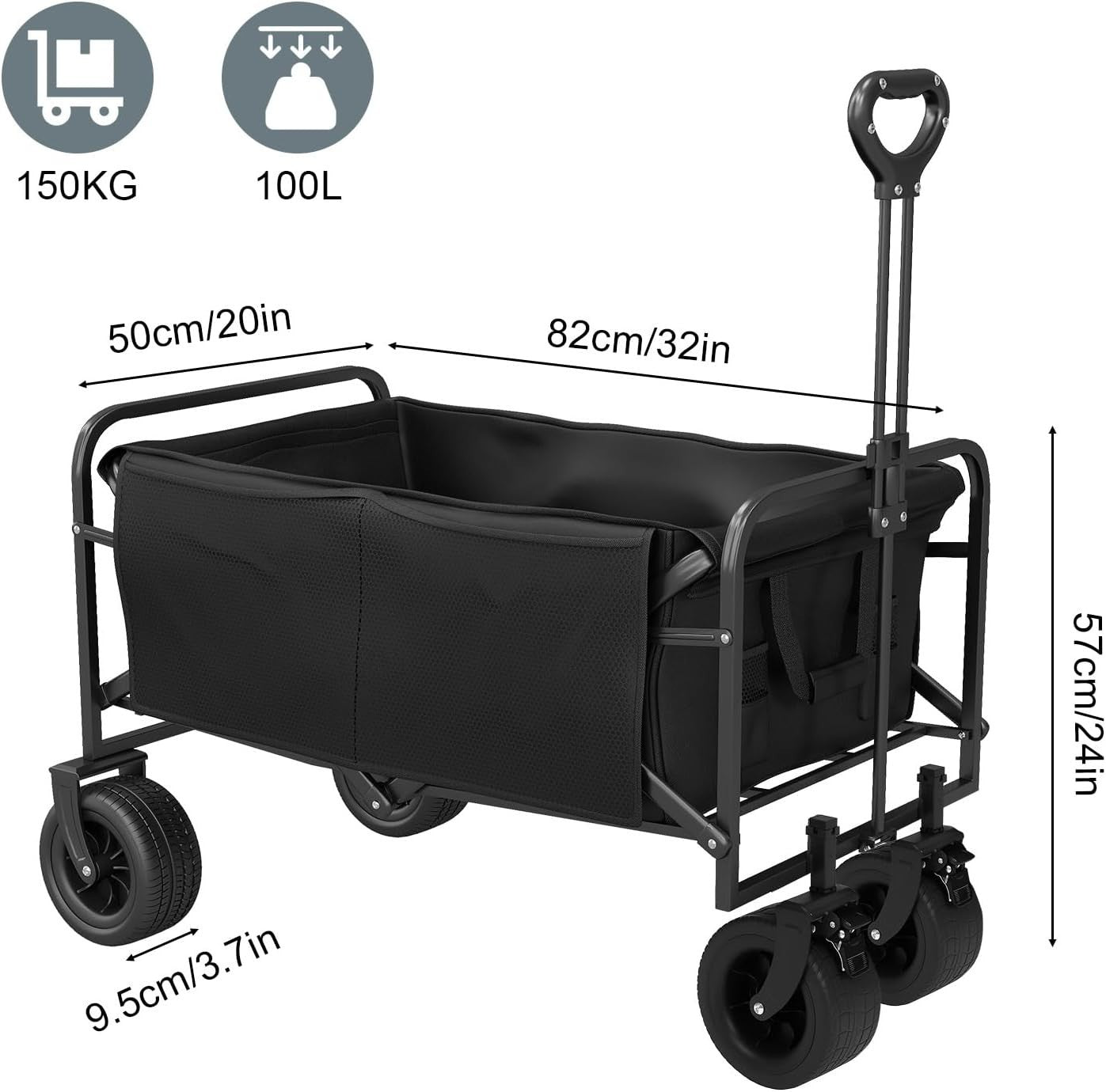 Heavy Duty Folding Camping Trolley 100L Cart All-Terrain Wide Wheels Brakes