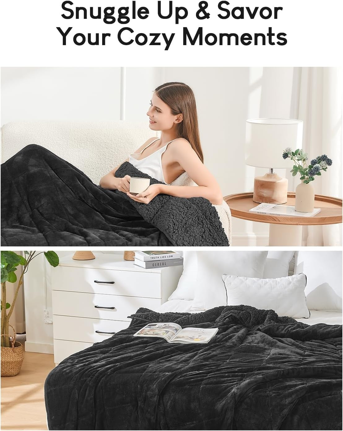 Weighted Blanket 12lb Sherpa Fleece Cozy Sleep Aid 48x72 Black Twin/Full