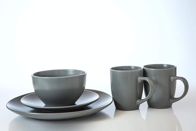 16 Piece Stoneware Dinner Set for 4 Plates Bowls Mugs Grey