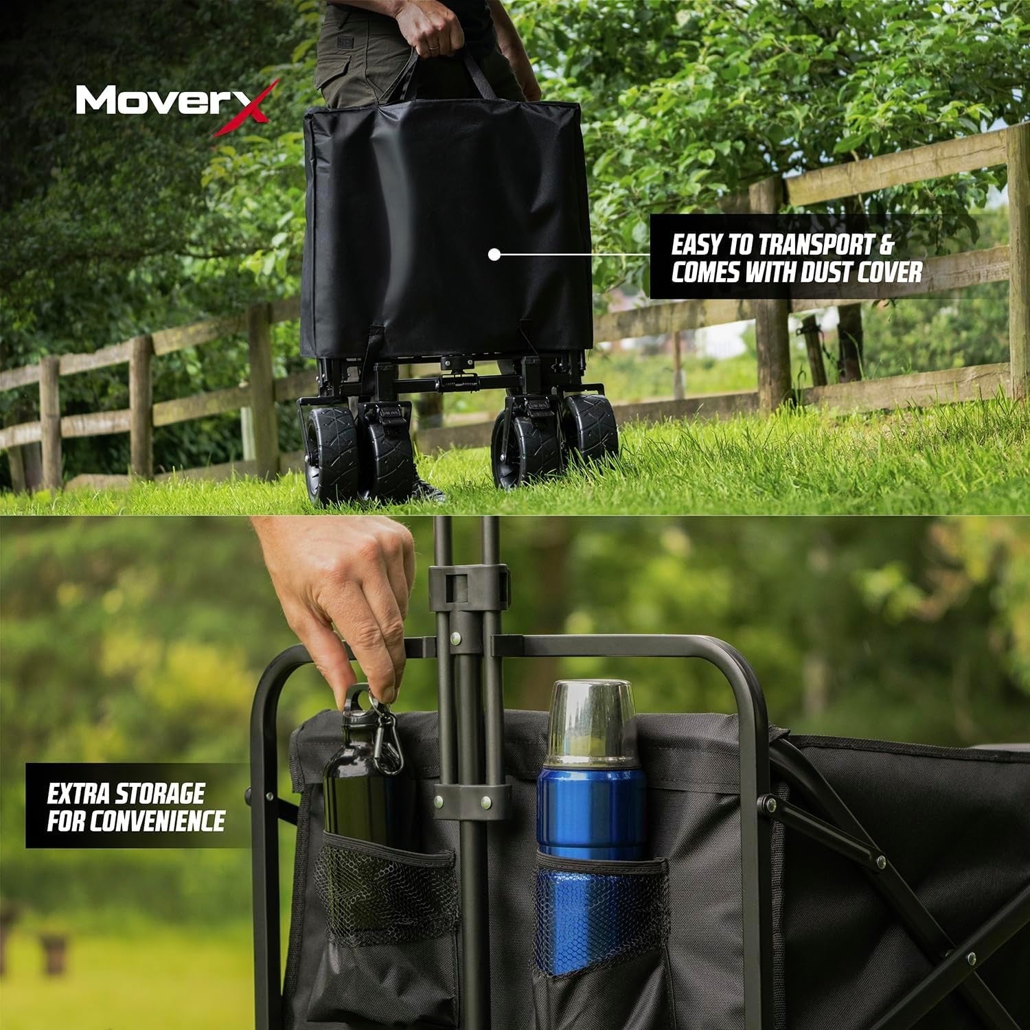 120L Folding Camping Wagon Wide Wheel Festival Trolley Adjustable Handle Black
