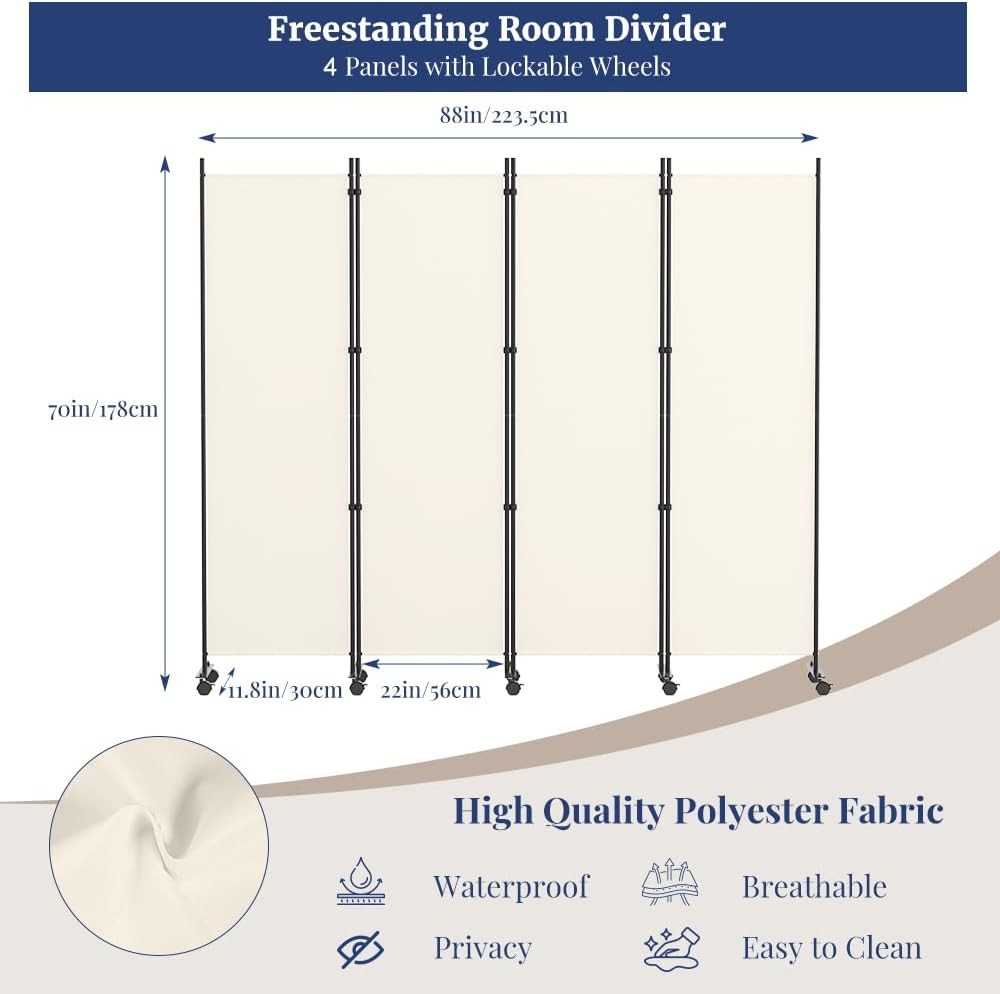 4 Panel Beige Folding Room Divider with Lockable Wheels 88x70 Inch