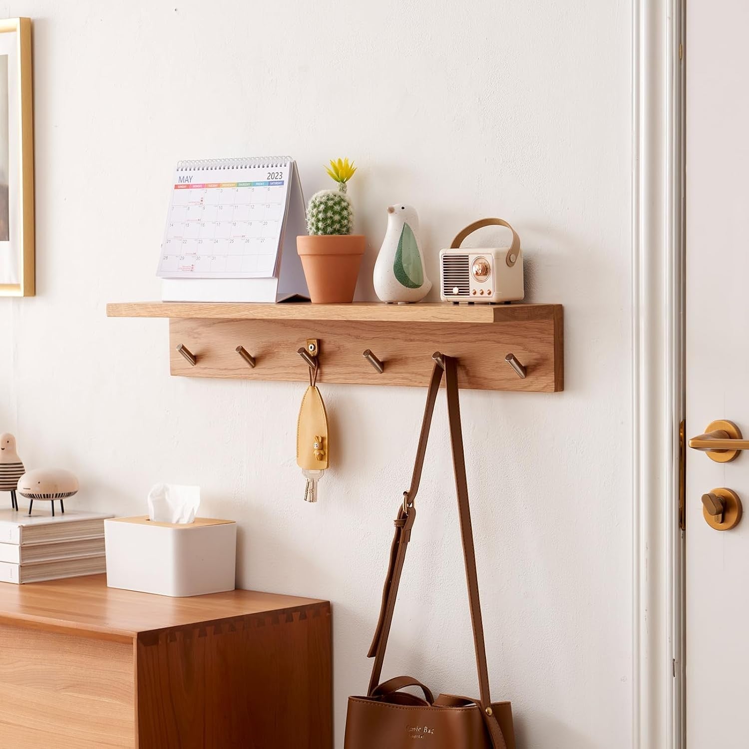 20in Oak Wood Wall Shelf with Hooks Entryway Coat Rack Floating Hat Towel Rail