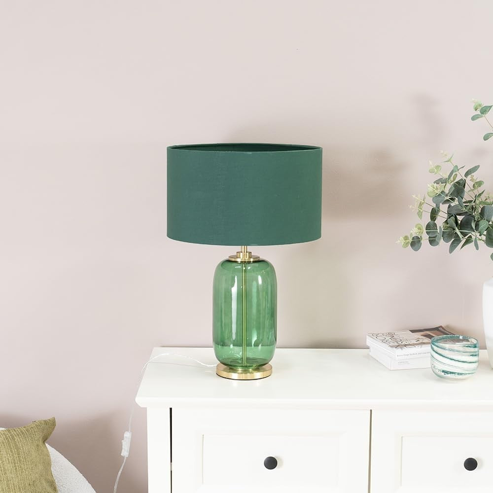Forest Green Glass Table Lamp Gold Detail Drum Shade LED Bedside Light
